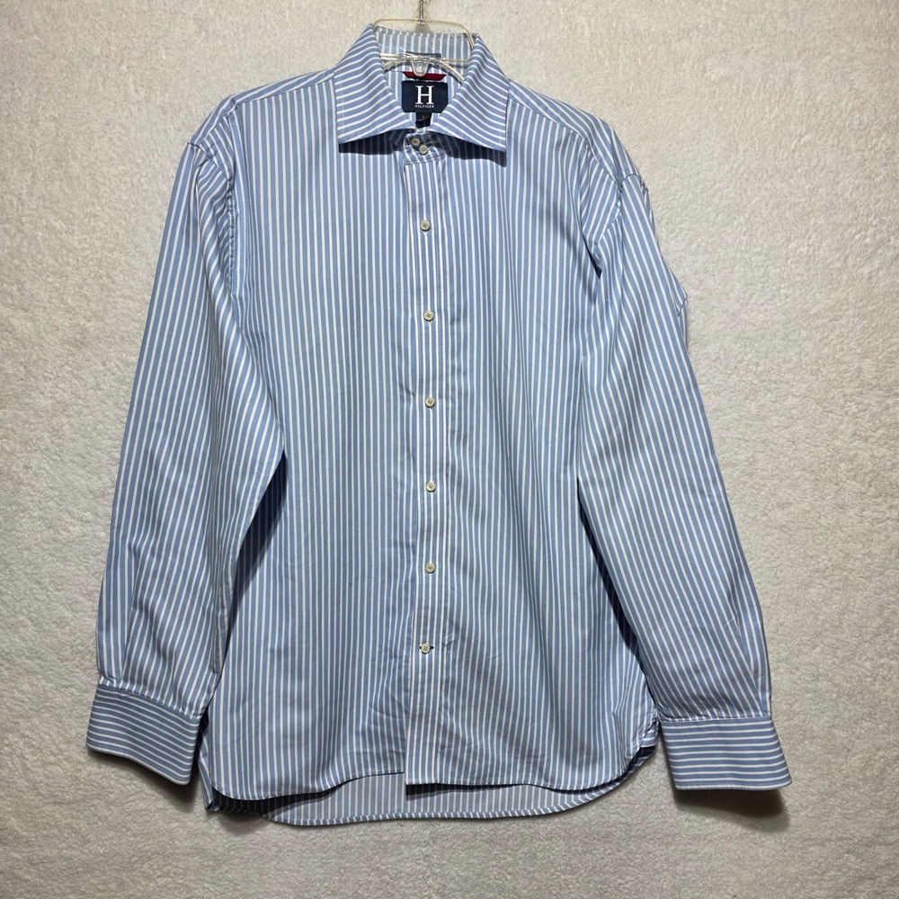 Tommy Hilfiger Men's Blue White 80s Striped Ply Cotton Button Down Shirt Large